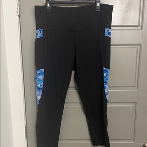 Xersion Black Leggings with Blue Floral Panels